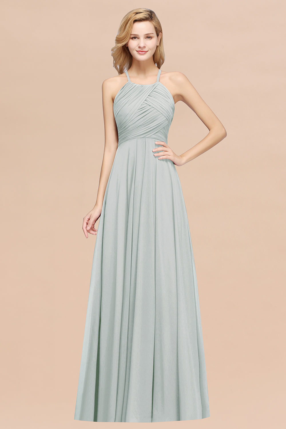 Halter Crisscross Pleated Bridesmaid Dress Blue Chiffon Sleeveless Maid of Honor Dress