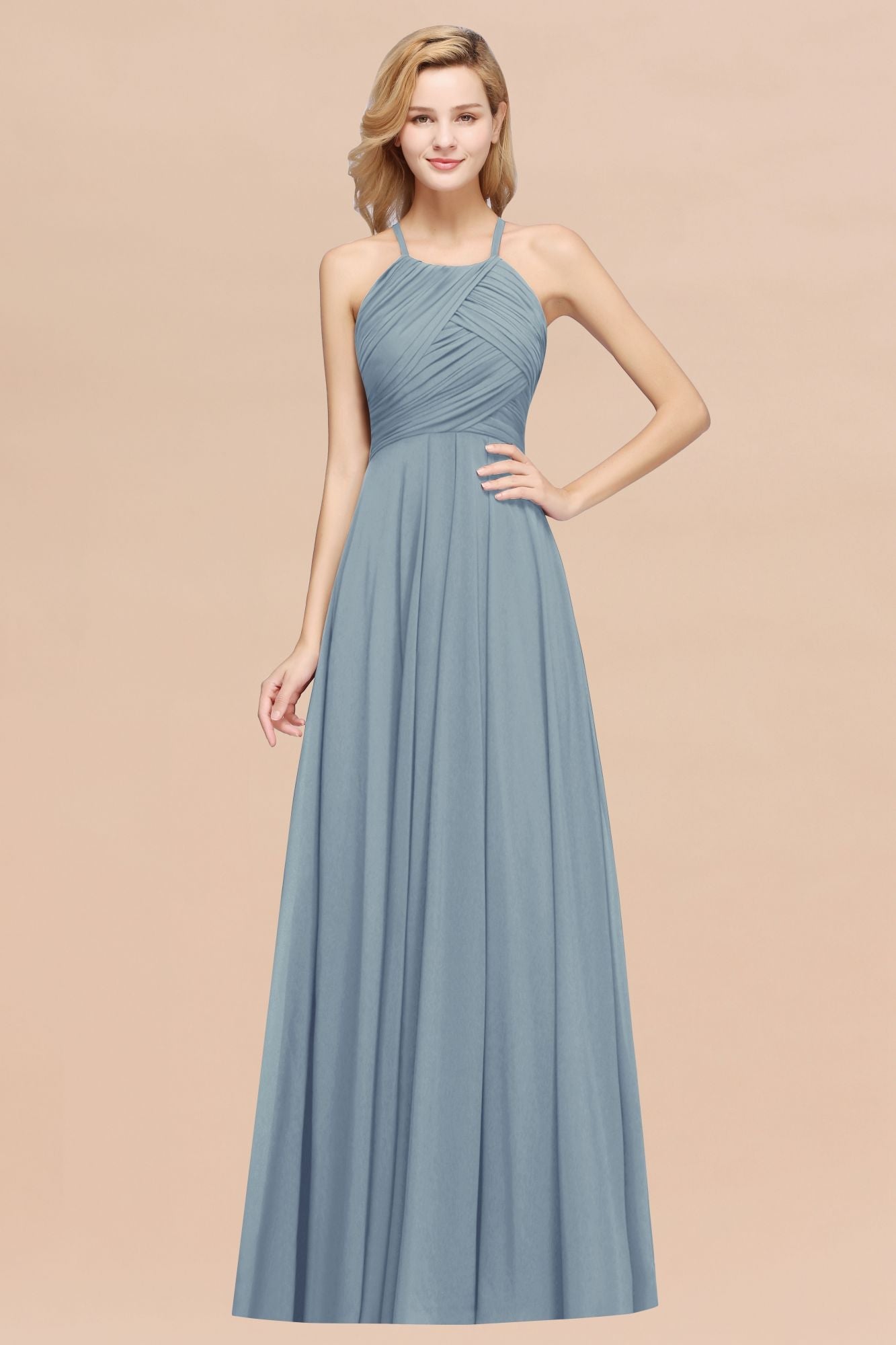 Halter Crisscross Pleated Bridesmaid Dress Blue Chiffon Sleeveless Maid of Honor Dress