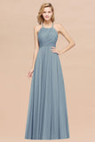 Halter Crisscross Pleated Bridesmaid Dress Blue Chiffon Sleeveless Maid of Honor Dress