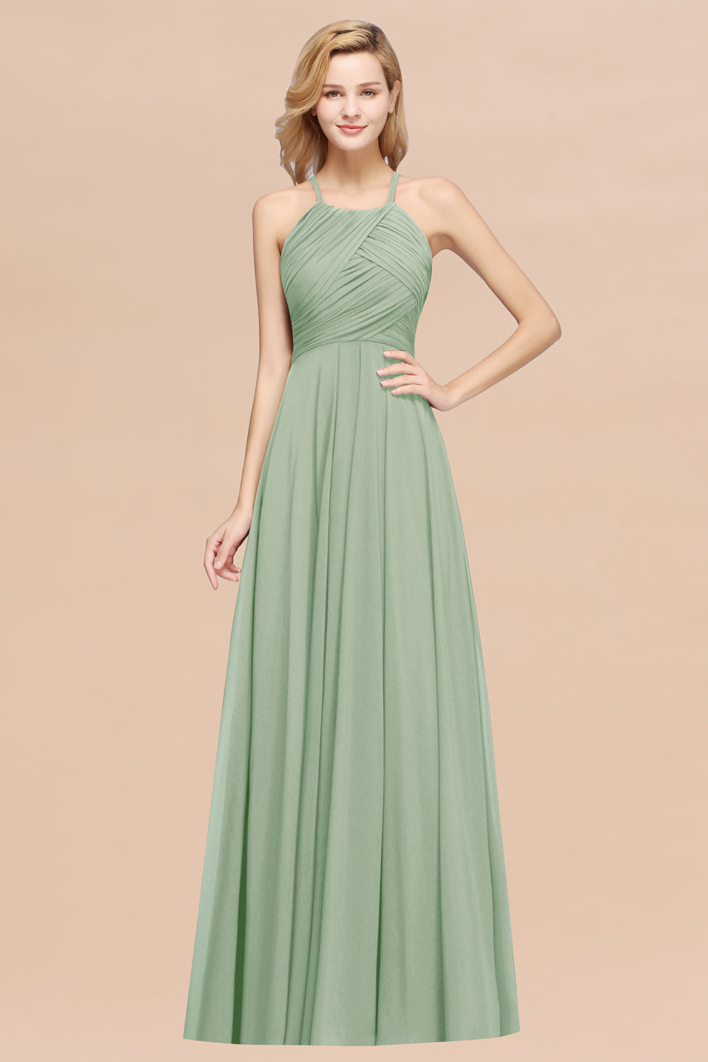 Halter Crisscross Pleated Bridesmaid Dress Blue Chiffon Sleeveless Maid of Honor Dress