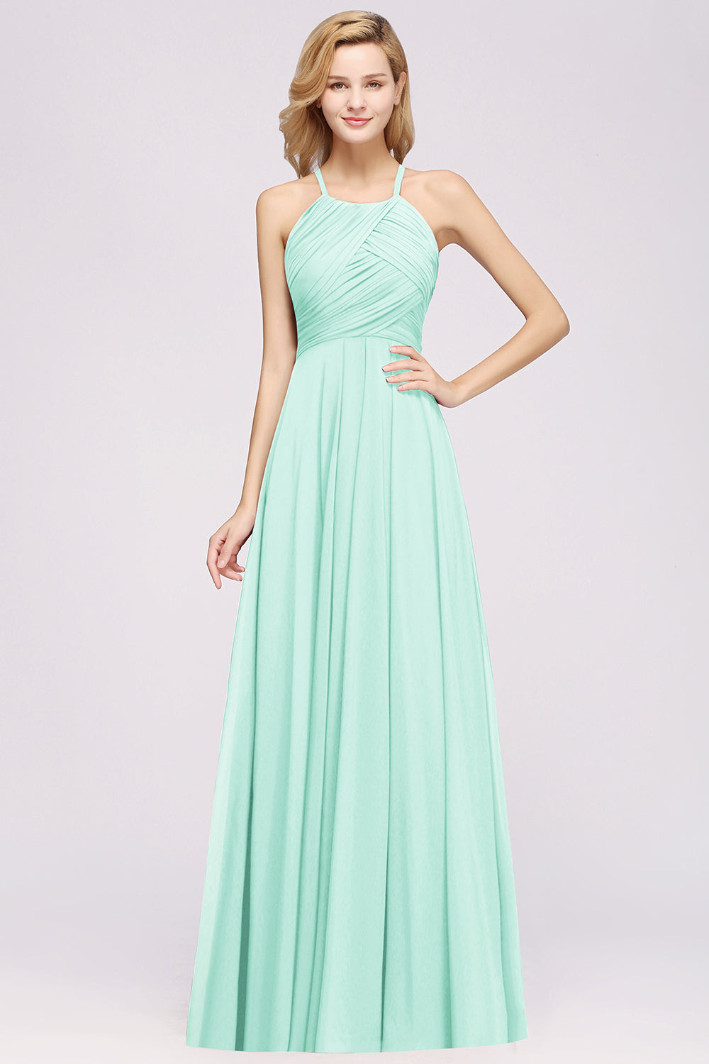 Halter Crisscross Pleated Bridesmaid Dress Blue Chiffon Sleeveless Maid of Honor Dress