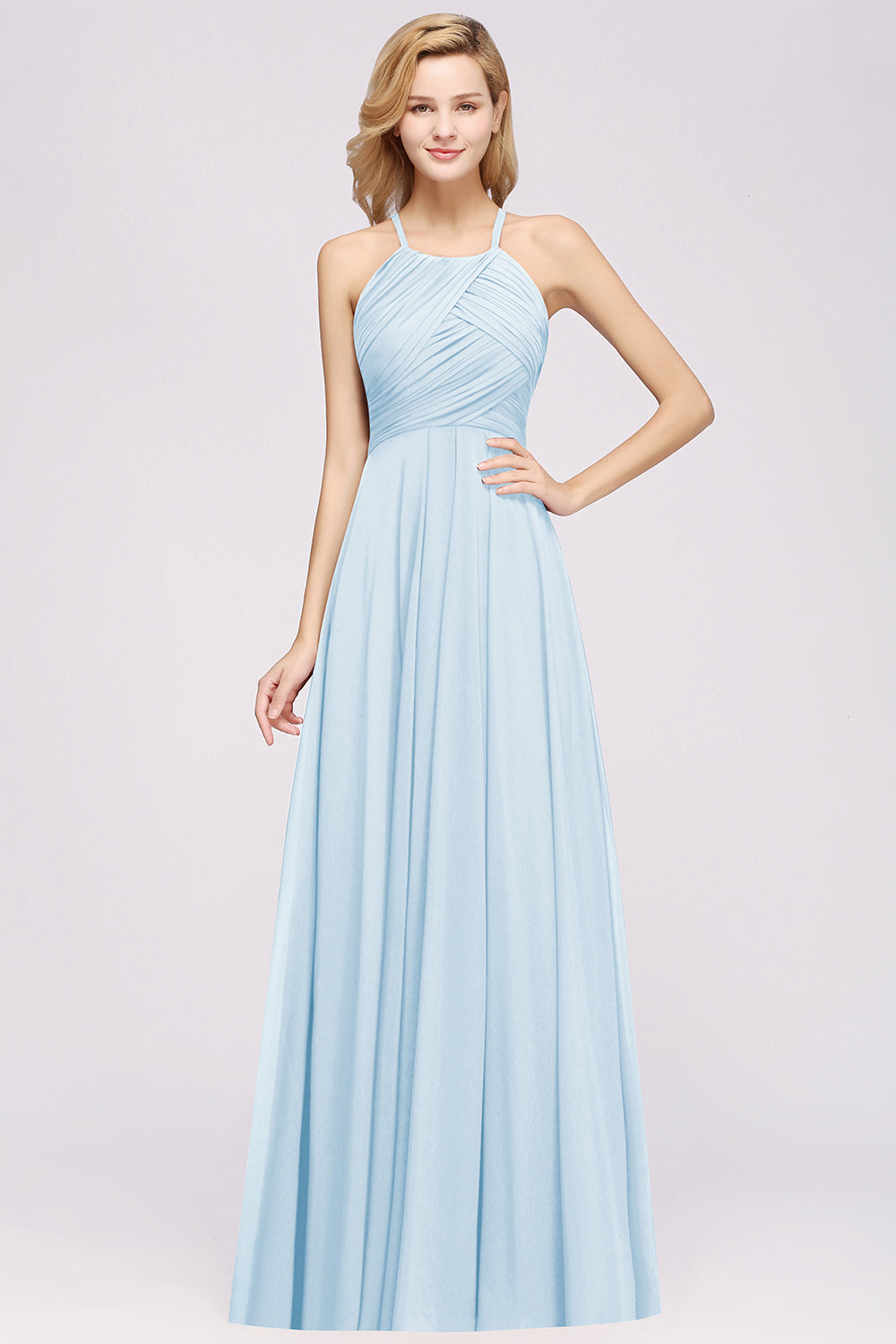 Halter Crisscross Pleated Bridesmaid Dress Blue Chiffon Sleeveless Maid of Honor Dress