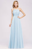 Halter Crisscross Pleated Bridesmaid Dress Blue Chiffon Sleeveless Maid of Honor Dress