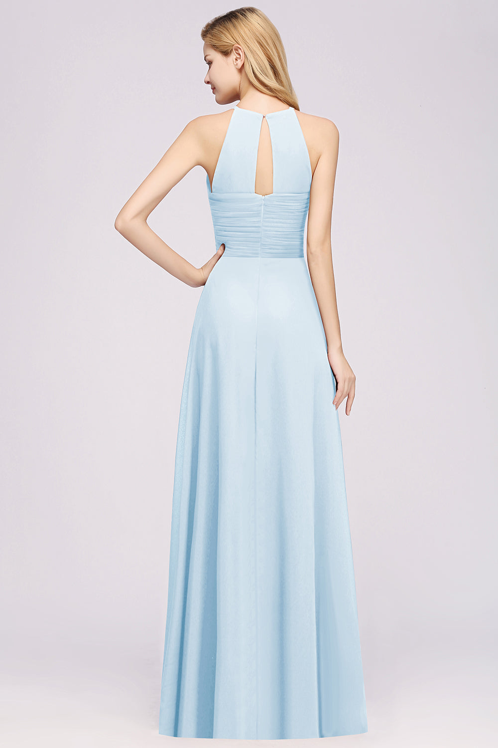 Halter Crisscross Pleated Bridesmaid Dress Blue Chiffon Sleeveless Maid of Honor Dress