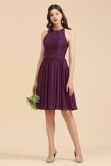 Halter Lace Bridesmaid Dress  Chiffon Sleeveless Short Dress