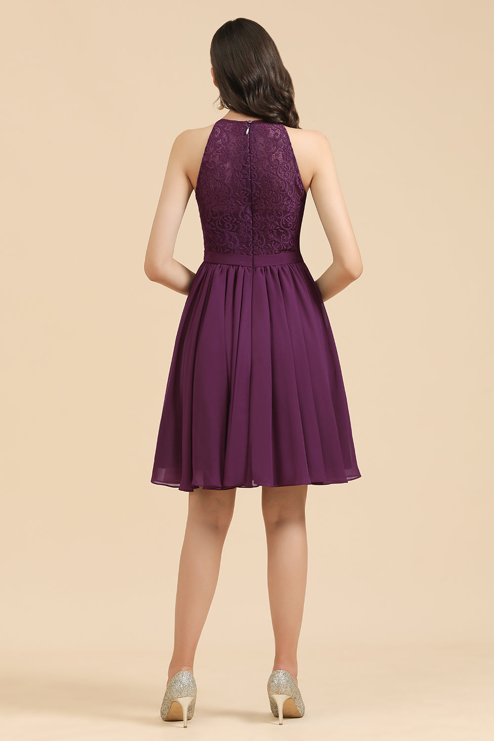 Halter Lace Bridesmaid Dress  Chiffon Sleeveless Short Dress