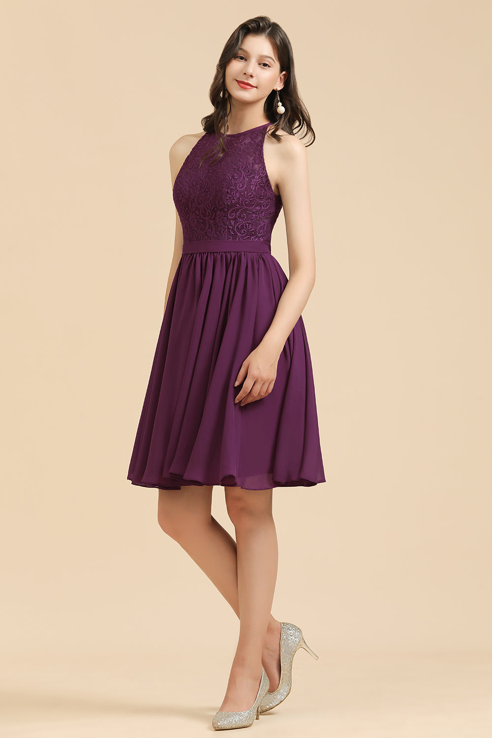 Halter Lace Bridesmaid Dress  Chiffon Sleeveless Short Dress