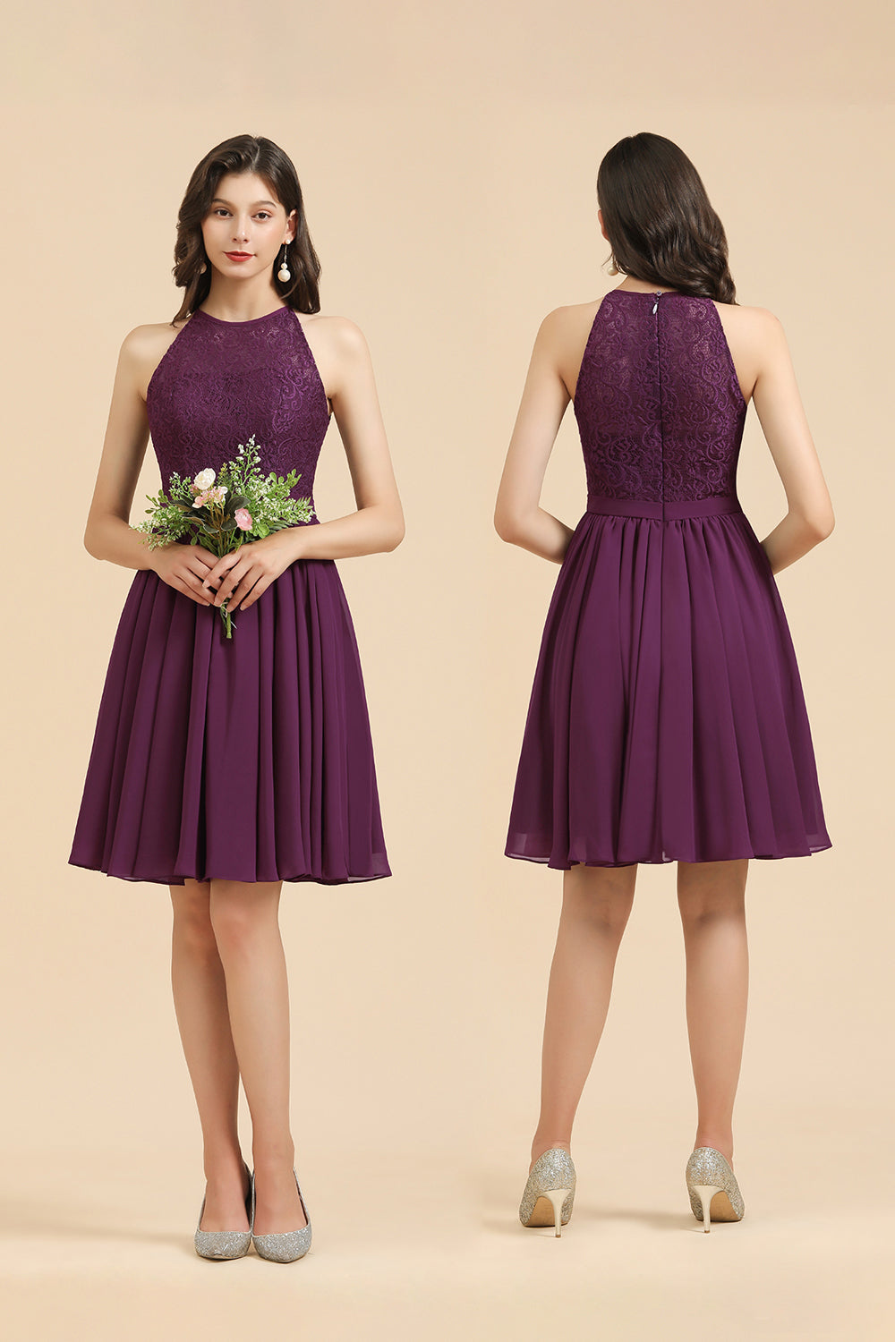 Halter Lace Bridesmaid Dress  Chiffon Sleeveless Short Dress