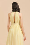 Halter Sleeveless Daffodil Chiffon Bridesmaid Dress with Ruffles