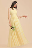 Halter Sleeveless Daffodil Chiffon Bridesmaid Dress with Ruffles