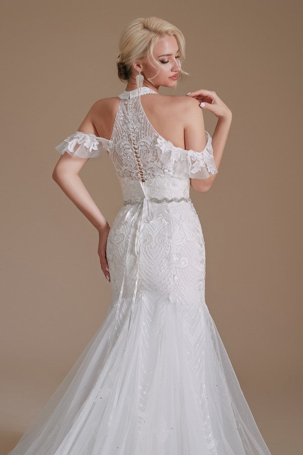 Halter V-Neck Mermaid Lace Wedding Dress Long On Sale