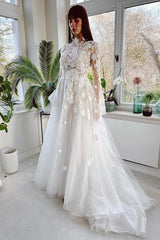 High Neck Long Sleeves Wedding Dress Princess With Appliques