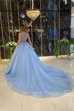 High Neck Sleeveless Blue Prom Dress Tulle Ball gown With Appliques