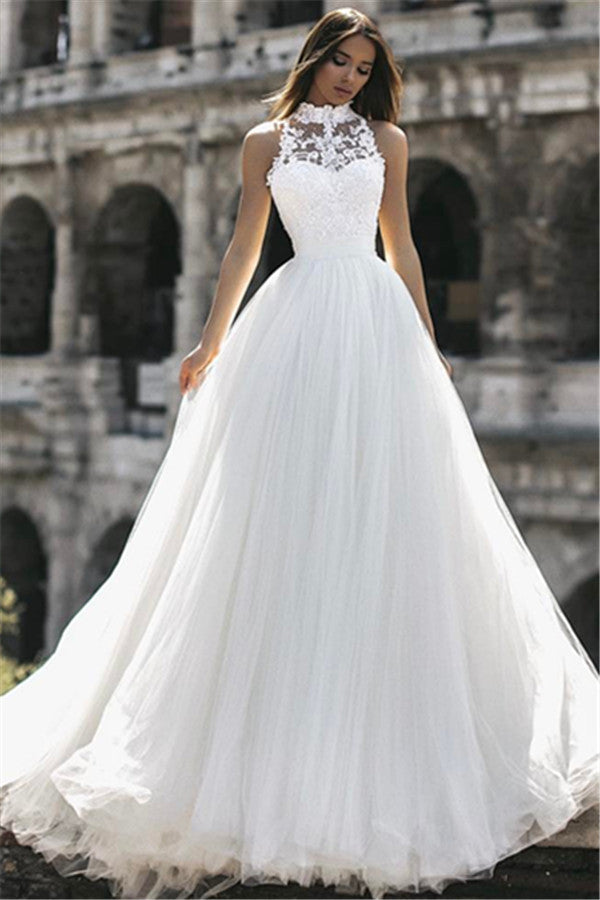 sleeveless princess wedding dresses Stacees Wedding Dress Princess A-line Halter Court Train Lace Tulle Appliques Sequins