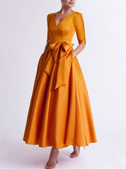 V-Neck A-Line Princess Tea-Length Satin Mother of the Bride Dress with Bow(s) and 3/4 Sleeves