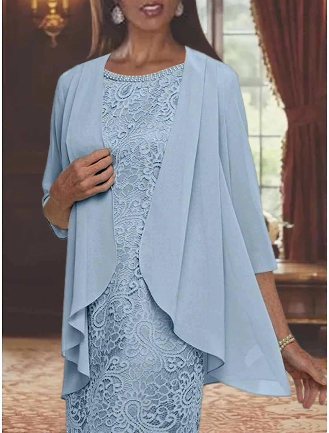 Tea-Length Mother of the Bride Sheath/Column Jewel Neck Dresses