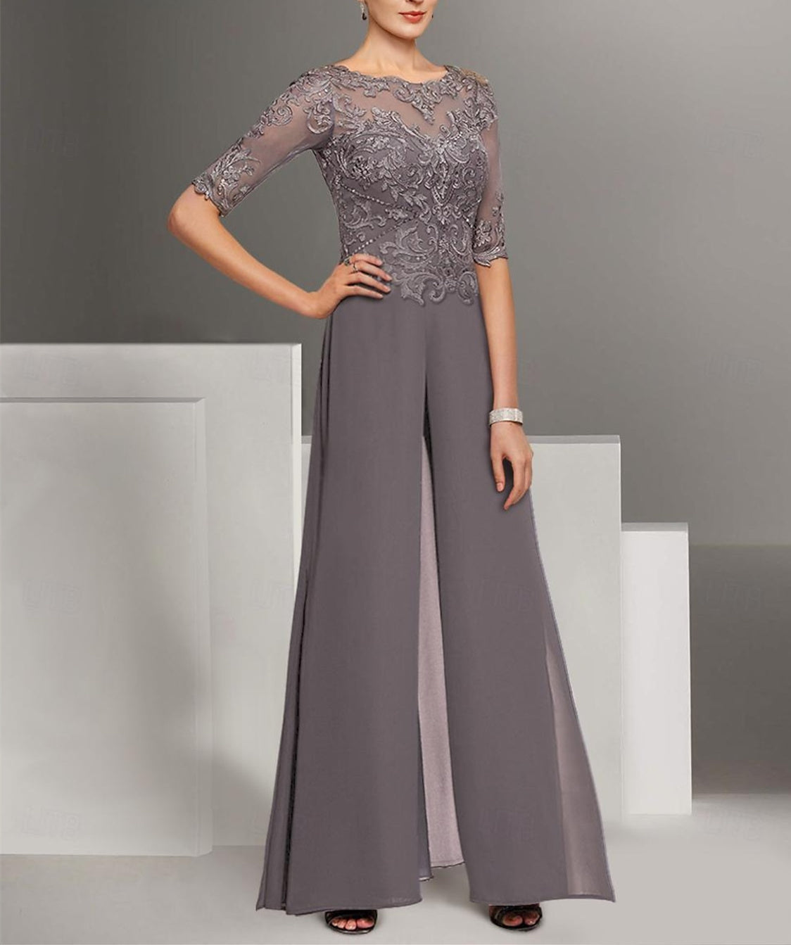 Ankle-Length Mother of the Bride Chiffon Pantsuit with Lace and Jewel Neckline