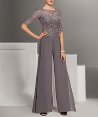 Ankle-Length Mother of the Bride Chiffon Pantsuit with Lace and Jewel Neckline