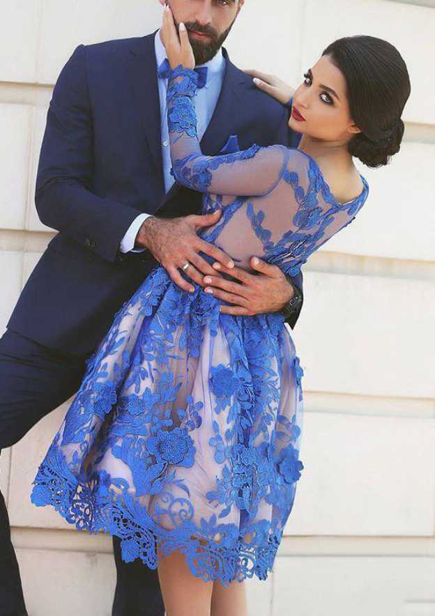Knee-Length Lace Homecoming Dress with A-line/Princess Bateau Full/Long Sleeves