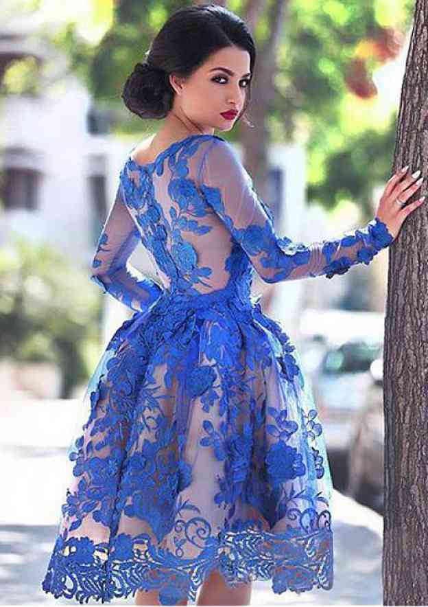 Knee-Length Lace Homecoming Dress with A-line/Princess Bateau Full/Long Sleeves