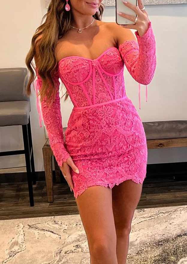 Lace Homecoming Dress with Beading - Sweetheart Sheath Column Short/Mini Full/Long Sleeve
