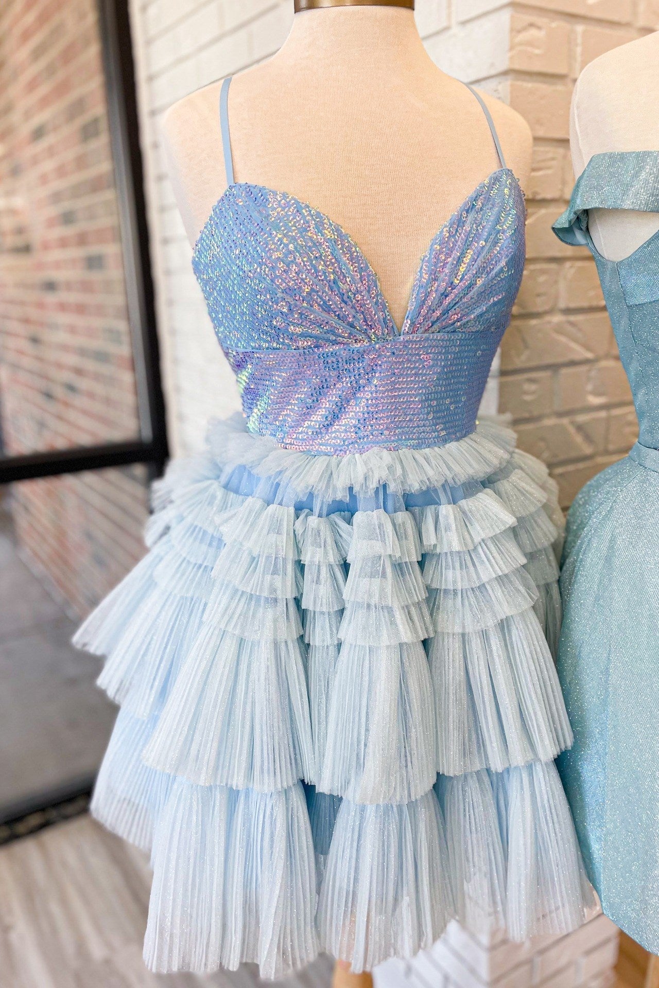 Lavender Sequin V-Neck Ruffled Tiered Short Homecoming Dress