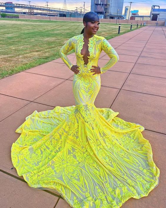 lemon prom dress Mermaid Spaghetti Straps Lavender Lace Long Prom Dresses with Appliques, Lemon / 10