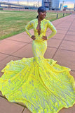 Lemon Long Sleeves Prom Dress Mermaid Sequins