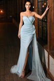 Light  Blue Sweetheart Mermaid Evening Dress Split With Sequins