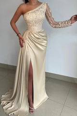 Long Sleeve One Shoulder Prom Dress Mermaid With Lace