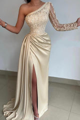Long Sleeve One Shoulder Prom Dress Mermaid With Lace