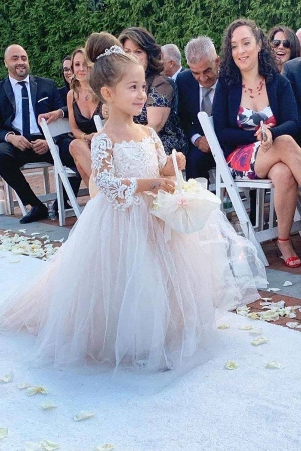 Long Sleeve Tulle Lace Flower Girl Dress With Bowknot
