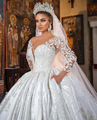 Long Sleeves Ball Gown Wedding Dress V-Neck With Lace Appliques