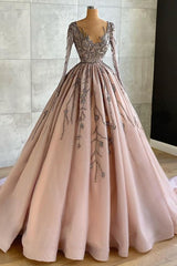 Long Sleeves Beadings Prom Dress Ball Gown Evening Party Gowns