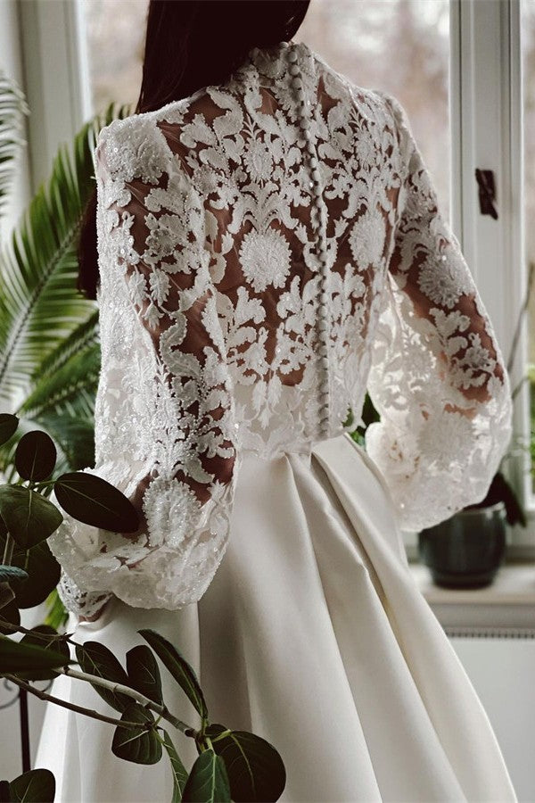 satin wedding dress with lace sleeves Long Sleeves Bridal Dress Lace Satin Skirt With Pockets – Newinlook