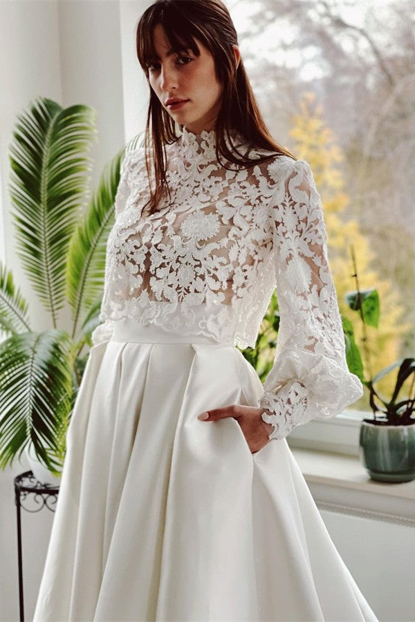 Long Sleeves Bridal Dress Lace Satin Skirt With Pockets