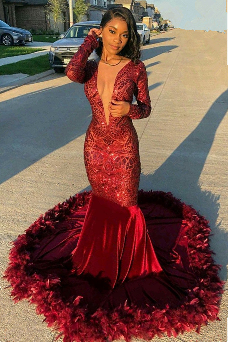 Long Sleeves Burgundy Prom Dress Sequins Mermaid Online