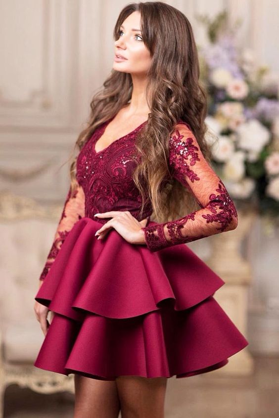 Long Sleeves Burgundy Short Prom Dress With Appliques Newinlook Long Sleeves Burgundy Short Prom Dress With Appliques Newinlook