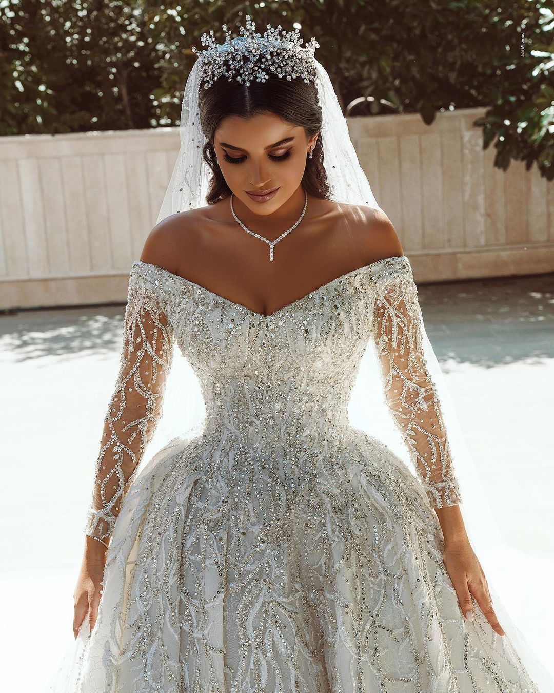 long sleeve crystal wedding dress Long Sleeve Crystal Fit-and-Flare Dress