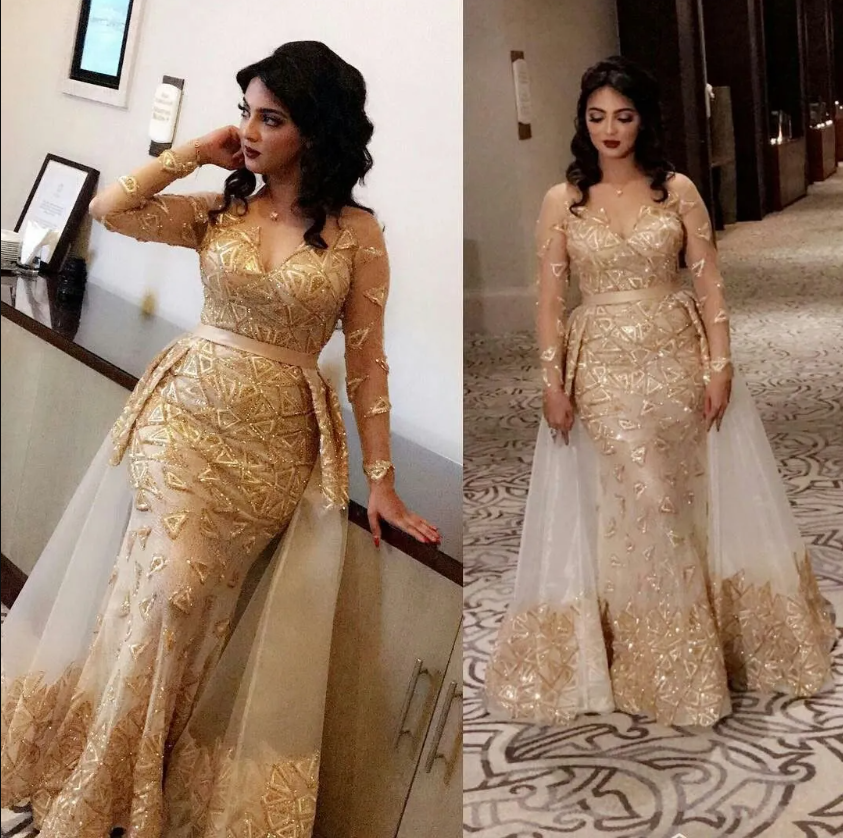 Long Sleeves Gold Appliques Evening Dress Mermaid Overskirt Newinlook Long Sleeves Gold Appliques Evening Dress Mermaid Overskirt Newinlook