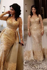 Long Sleeves Gold Appliques Evening Dress Mermaid Overskirt