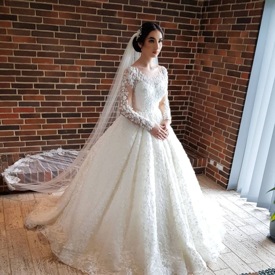 Long Sleeves Lace Ball Gown Wedding Dress Off-the-Shoulder