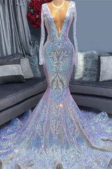 Long Sleeves Mermaid Prom Dress V-Neck Sequins