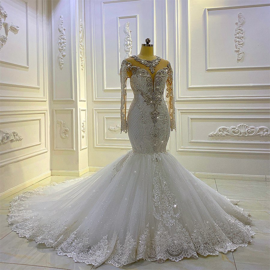 Long Sleeves Mermaid Wedding Dress Lace Bridal Gowns With Crystal