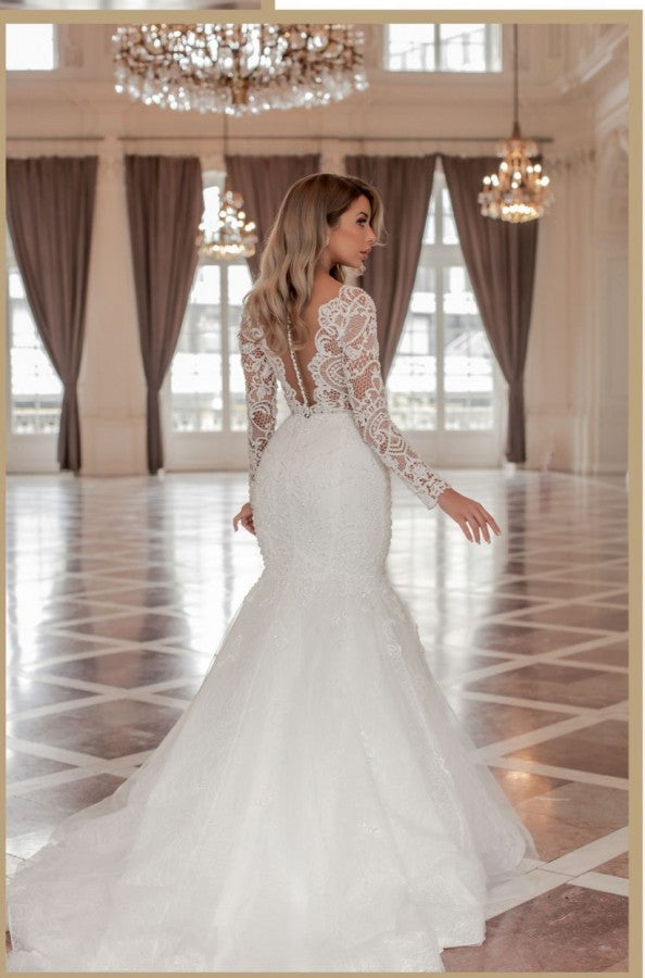 Long Sleeves Mermaid Wedding Dress Lace Long