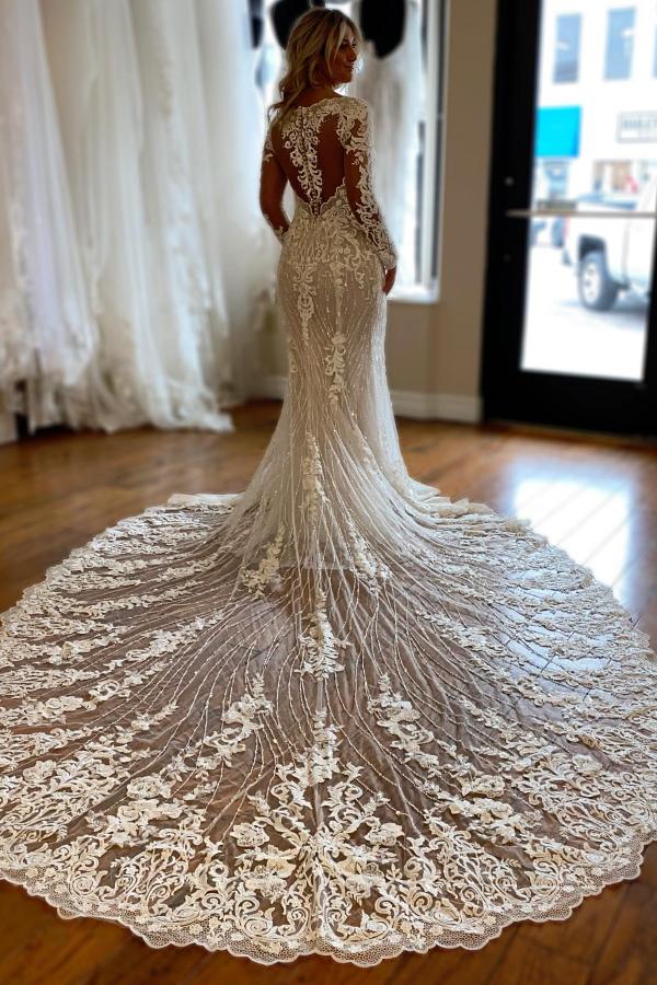 Long Sleeves Mermaid Wedding Dress Lace V-Neck