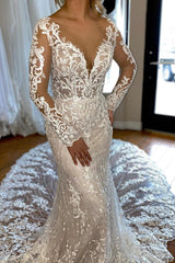 Long Sleeves Mermaid Wedding Dress Lace V-Neck