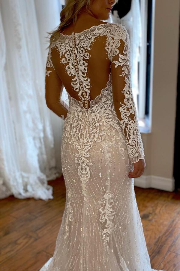 Long Sleeves Mermaid Wedding Dress Lace V-Neck