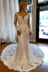 Long Sleeves Mermaid Wedding Dress Lace V-Neck