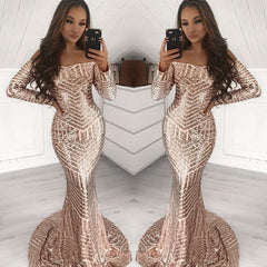 Long Sleeves Off-the-Shoulder Sequins Prom Dress Mermaid Evening Party Gown